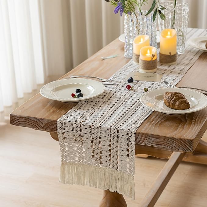 Boho Table Runner White for Home Decor 12x48 Inches Farmhouse Macrame Burlap - Image 3