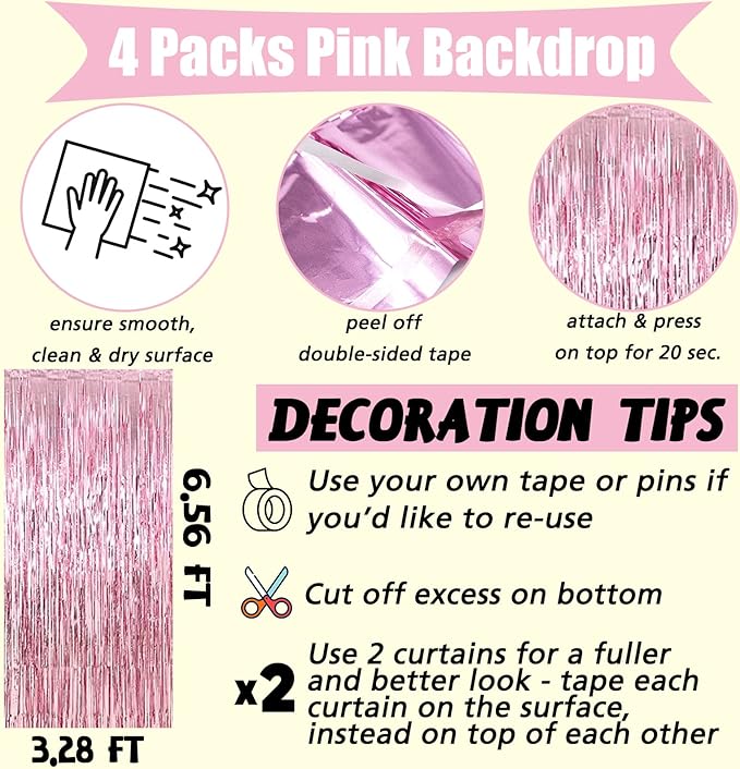4 Pack Pink Fringe Curtain Backdrop, 3.2Ft x 6.6Ft Metallic Tinsel Foil Fringe - Image 2