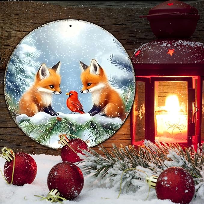 Christmas Round Fox Metal Tin Sign - Image 5