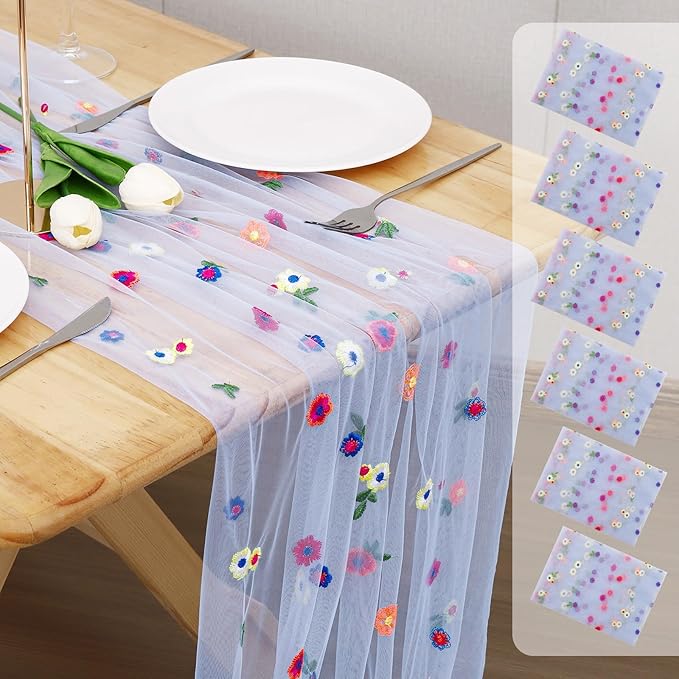 6PCS Blue Floral Table Runner 10 FT, Embroidery Daisy Table Runners Seasonal by Hugestar