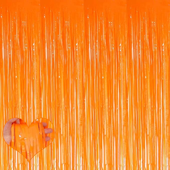 4 Pack Orange Fringe Curtain Backdrop, 3.2Ft x 6.6Ft Metallic Tinsel Foil by Mebiornt