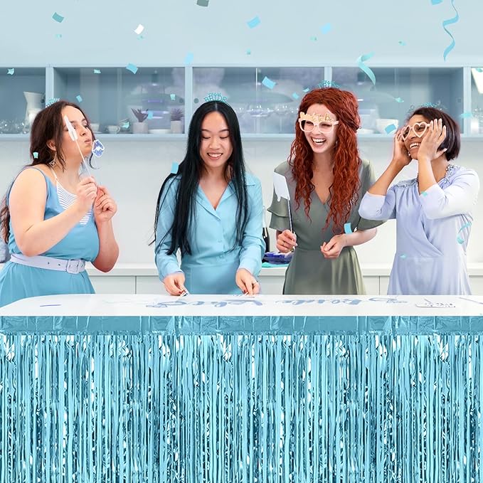 3 Pack 29 x108 Inch Light Blue Foil Fringe Table Skirts Metallic Banner - Image 5