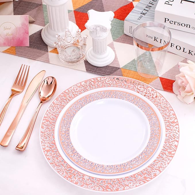 WELLIFE 175 Pieces Rose Gold Plastic Dinnerware, Rose Gold Dinnerware Set - Image 3