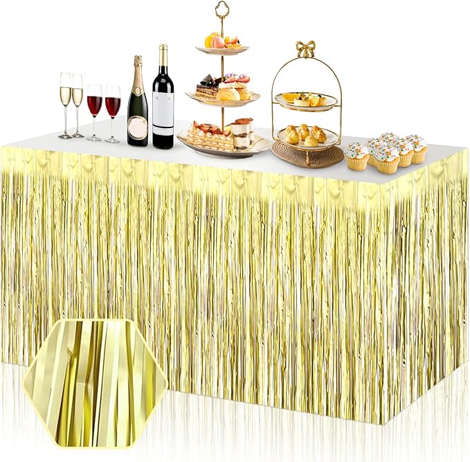 3 Pack 29x108 Inch Light Gold Foil Fringe Table Skirts Metallic Banner by Ferwzsr