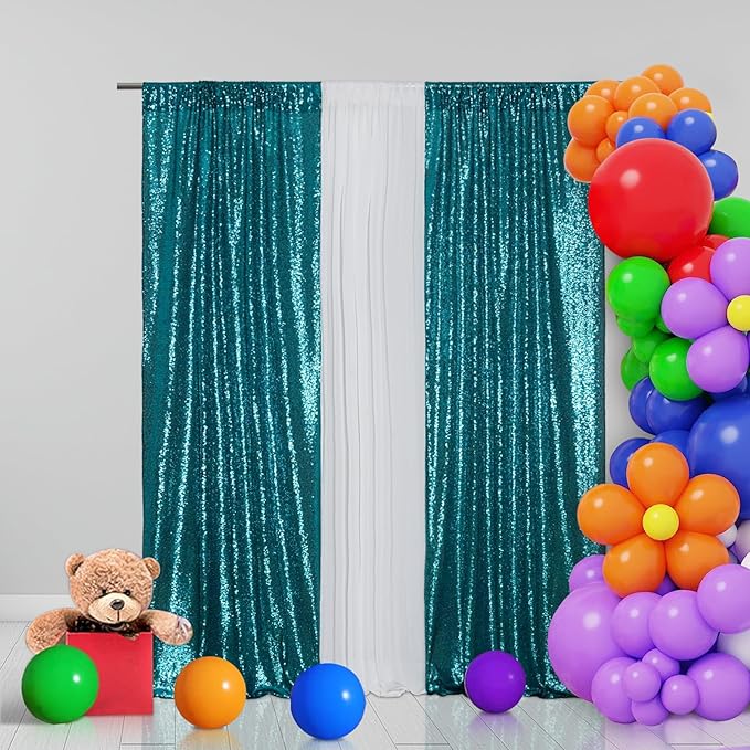 Eternal Beauty Sequin Backdrop Curtains, 2x8 Ft-2 Panels Teal Back Drop - Image 4