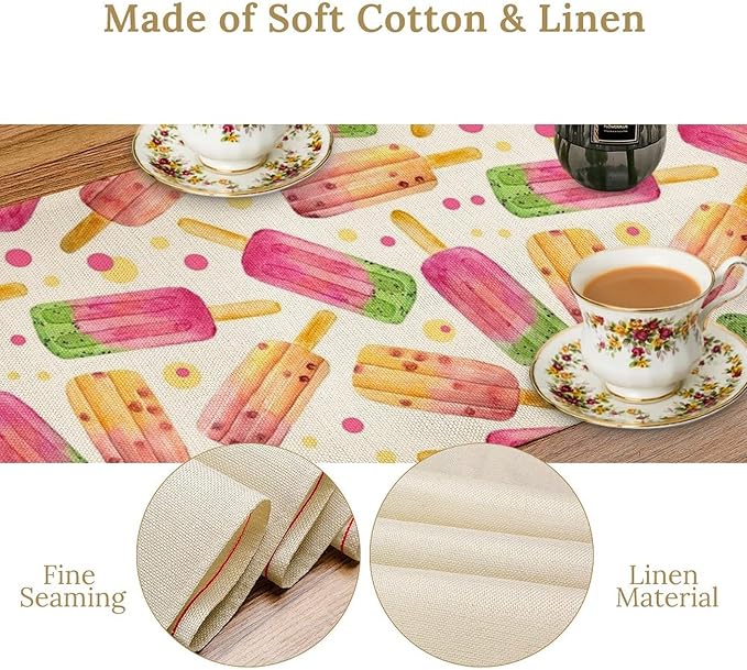 Ice Cream Popsicles Table Runner, Watercolor Summer Seasonal Fruit Peach Kiwi - Image 5
