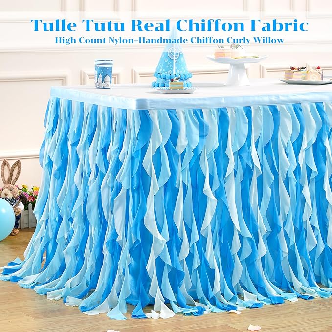 Partisky Ocean Blue Tulle Tutu Ruffle Curly Willow Table Skirt - Image 5