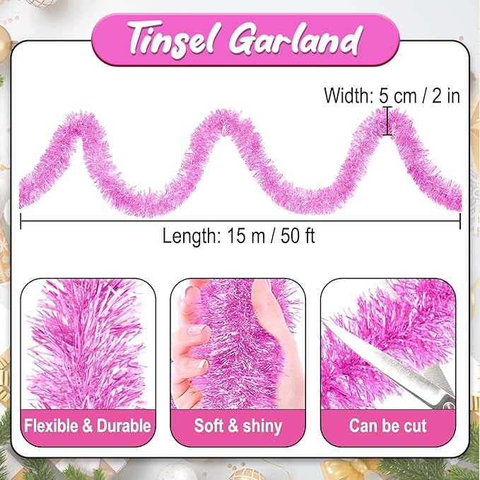 50 Feet Macaron Pink Christmas Tinsel Garland, Metallic Foil Twist Banner Wall - Image 2