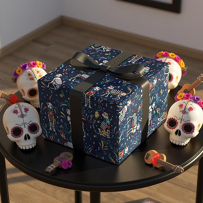 LeZakaa Day of the Dead Wrapping Paper Roll, Colorful Skeleton Dogs Cats - Image 3