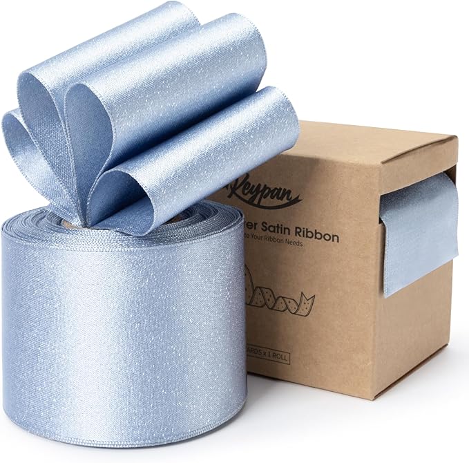 Light Blue Satin Wired Ribbon 2-1/2 Inch Double-Faced Sliver Glitter Christmas by Keypan