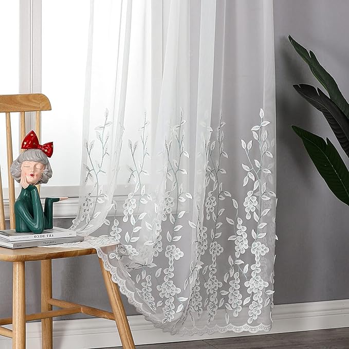 VISIONTEX White Sheer Voile Curtains, Decorative White Embossed Leaves Rod by VISIONTEX