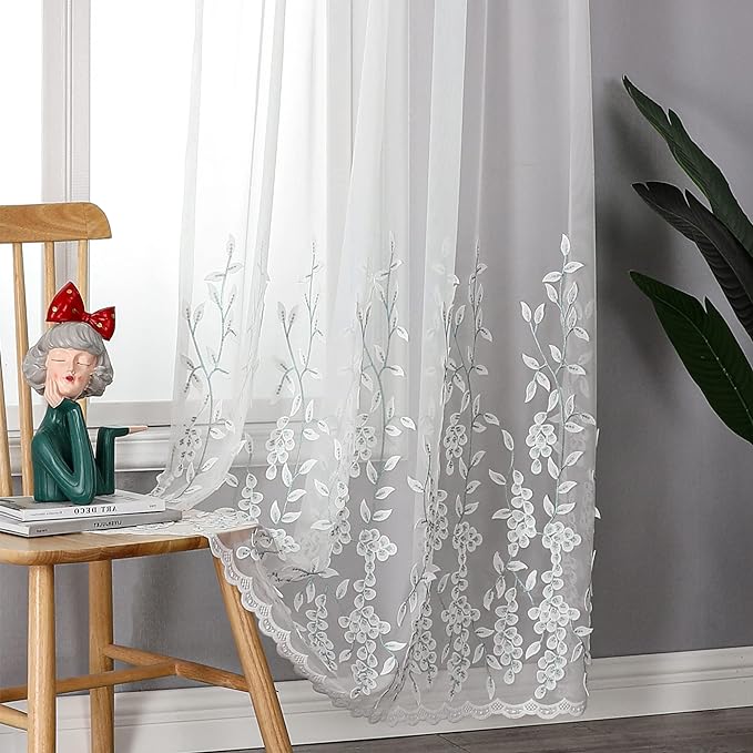 VISIONTEX White Sheer Voile Curtains, Decorative White Embossed Drip Rod Pocket by VISIONTEX