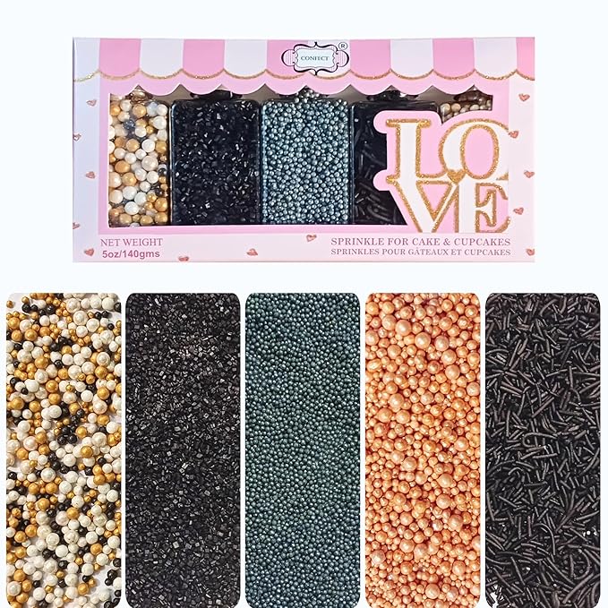 Confect Masquerade Sprinkles Mix – Champagne Gold & Black Pearl Dragees by CONFECTTHECAKEDECORATINGCO