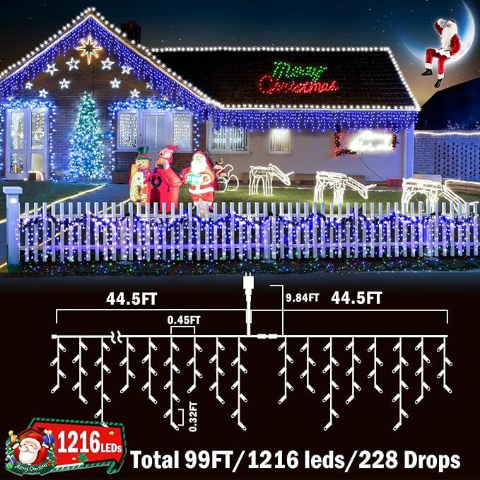 Christmas Lights Outdoor Decorations 1216 LED 99ft 8 Modes Curtain Fairy String - Image 5