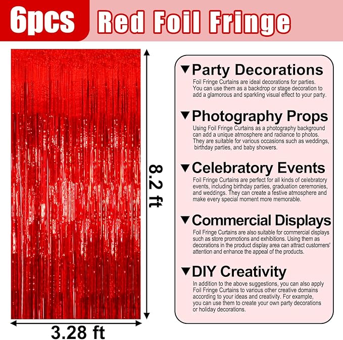 6 Pack Red Foil Fringe Curtain Backdrop, 3.28Ft x 8.2Ft Metallic Tinsel Foil - Image 2
