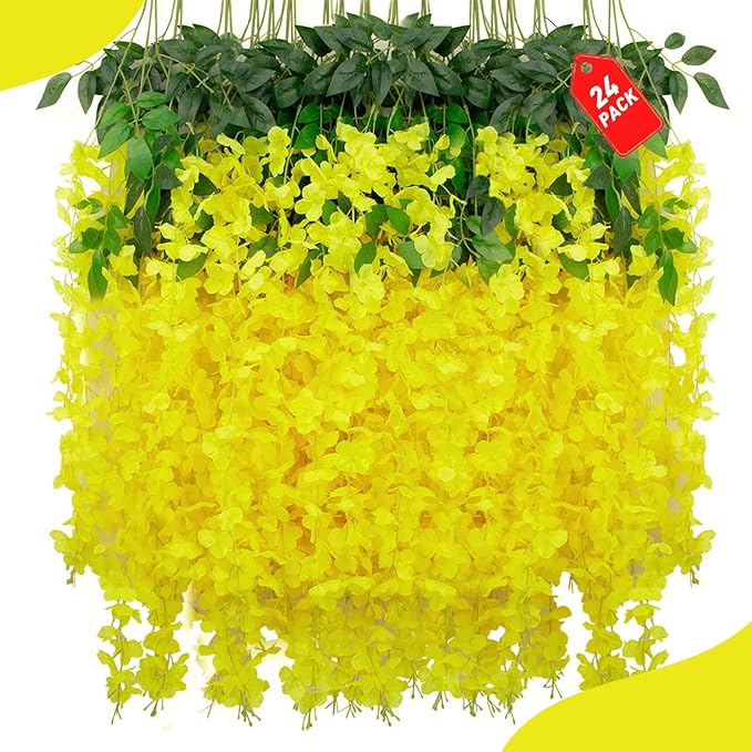 24 Pack Yellow Wisteria Hanging Flowers, 3.4 Ft Fake Hanging Flowers, by ZEBMOON