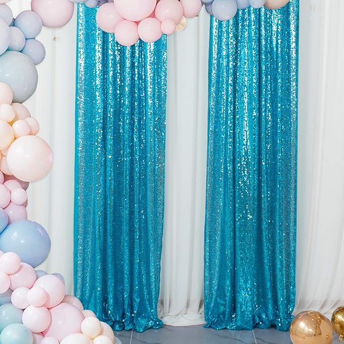 ShinyBeauty Sparkle Backdrop Curtain Aqua 2 Panels Set Sequin Photo Backdrop by ShinyBeauty