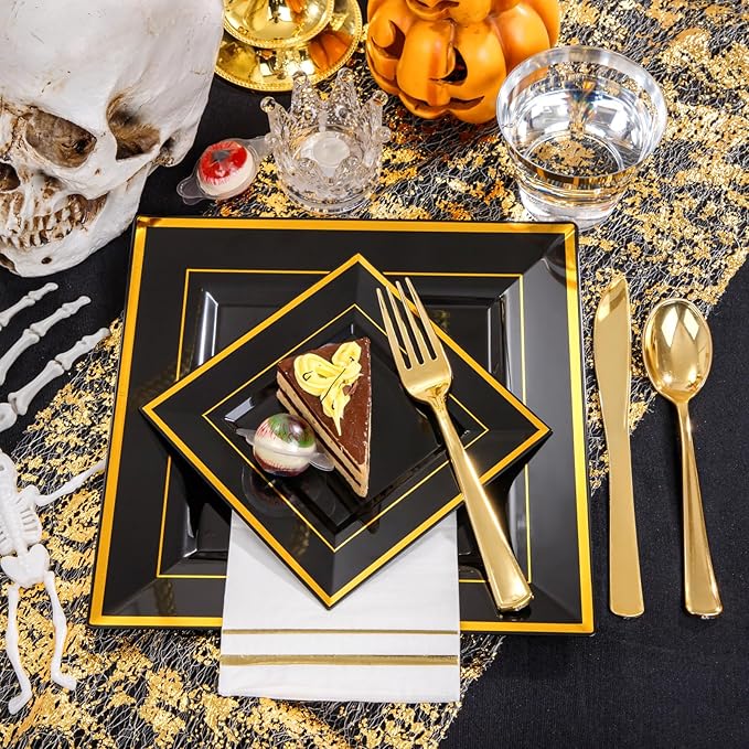 Festiva 350Pcs Black and Gold Plastic Plates-50Guests Disposable Square Black - Image 3