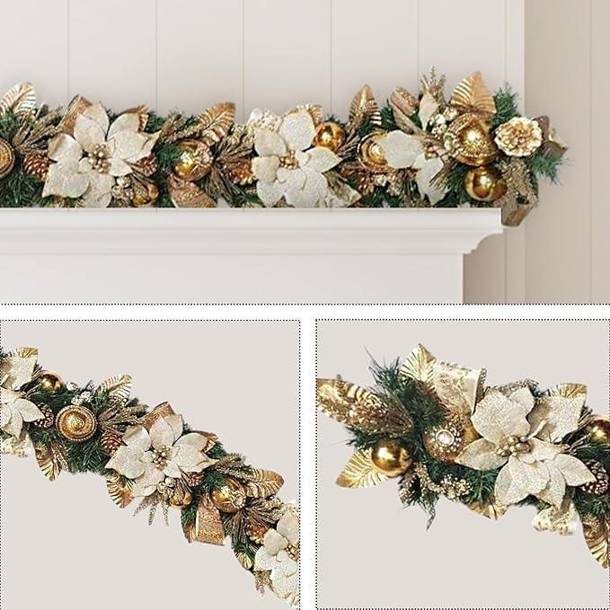 Holiday Tree White Gold Poinsettia Garland 5 Ft – Luxurious Christmas Garland - Image 5