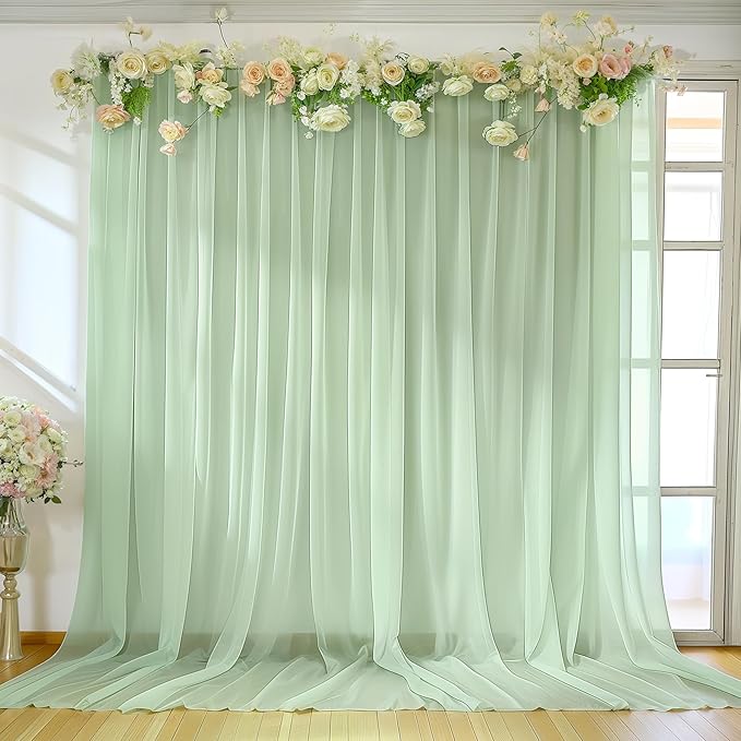 10ft x 10ft Sage Green Backdrop Curtains, Wrinkle-Free Sheer Chiffon Fabric by WishCare