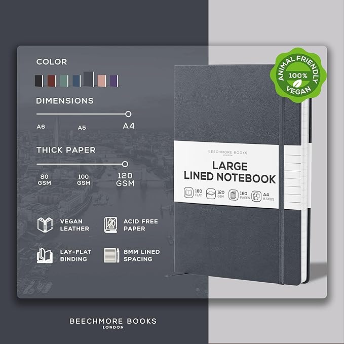 BEECHMORE BOOKS Lined Journal Notebook, 8.5 x 11.5 inch, A4 160 Lined Pages - Image 2