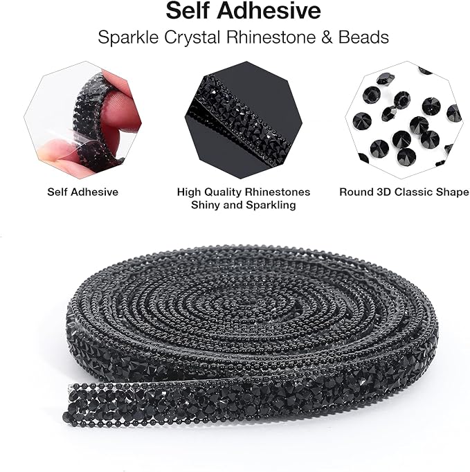 Black Rhinestone Ribbon 3 Yards Self Adhesive Rhinestone Strips Diamond Ribbon - Image 2