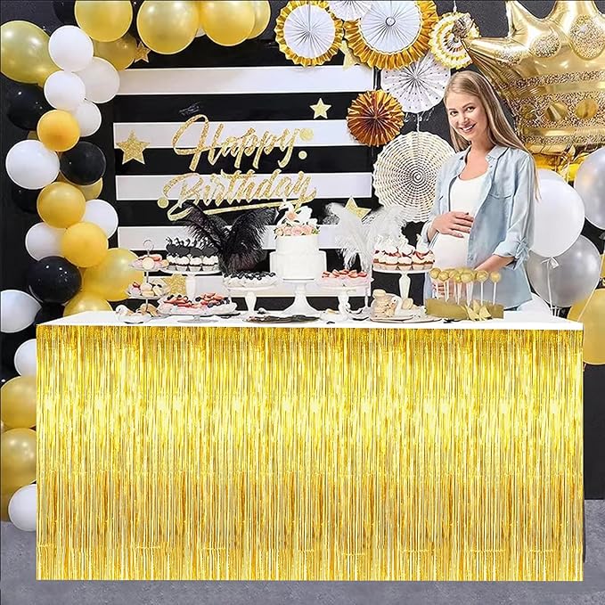 BEISHIDA 2 Pack Gold Metallic Tinsel Foil Fringe Table Skirts - Image 5