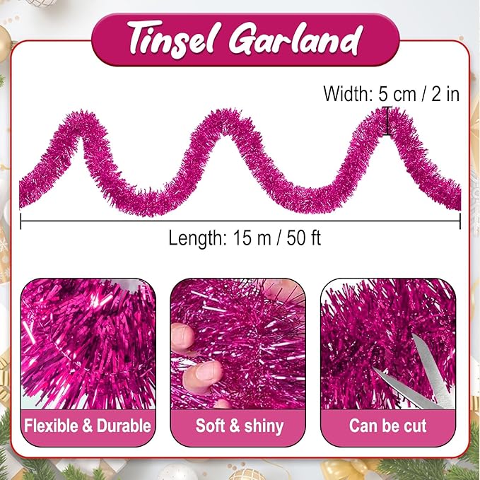 50 Feet Fuchsia Christmas Tinsel Garland, Metallic Foil Twist Banner Wall - Image 2