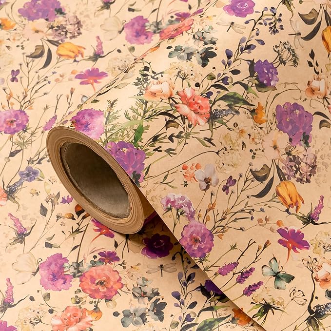 WRAPAHOLIC Kraft Floral Wrapping Paper Roll by WRAPAHOLIC