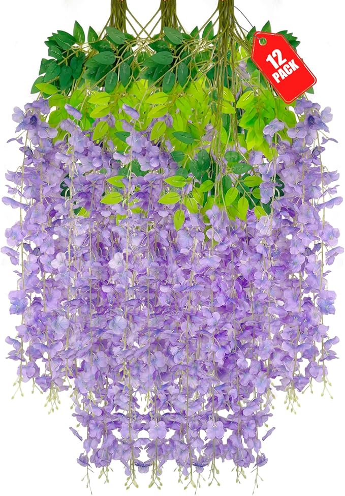 12 Pack Light Purple Wisteria Hanging Flowers, 3.44 Ft Fake Hanging Flowers by ZEBMOON