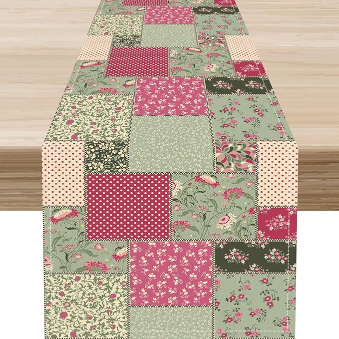 Patchwork Table Runner, Boho Vintage Floral Checkered Plaid Bohemian Paisley by Unknown