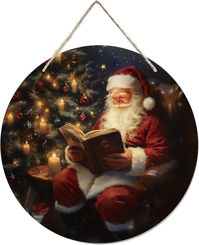 CGBHW Christmas Santa Wooden Sign, Rustic Xmas Santa Bookish Hanging Sign Wall by CGBHW