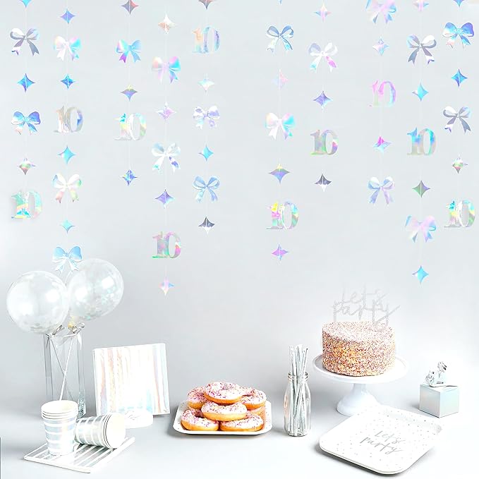 Iridescent 10th Bow Birthday Decorations Glitter Conquette Bow Garland Streamer - Image 7