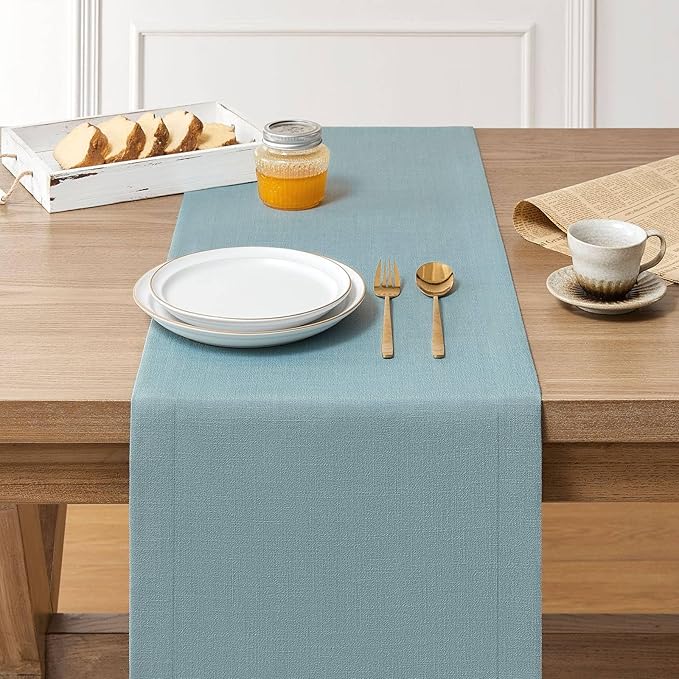 ZeeMart Linen Textured Border Table Runner, 14 x 60 Inch Blue, Farmhouse Style - Image 3