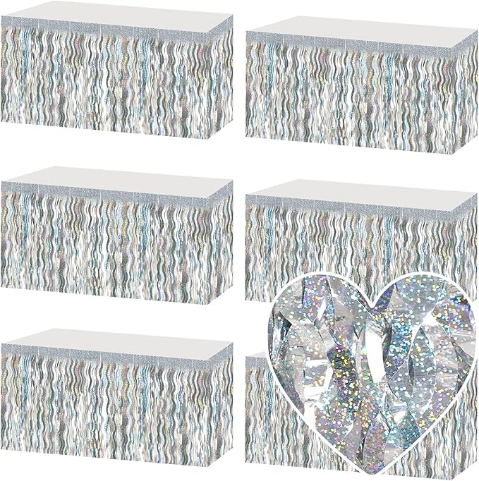 6 Pack 29x108 Inch Silver Wave Foil Fringe Table Skirts Metallic Banner by Mebiornt