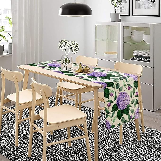 Spring Hydrangea Flower Table Runner, Seasonal Summer Plants Eucalyptus Leaves - Image 3