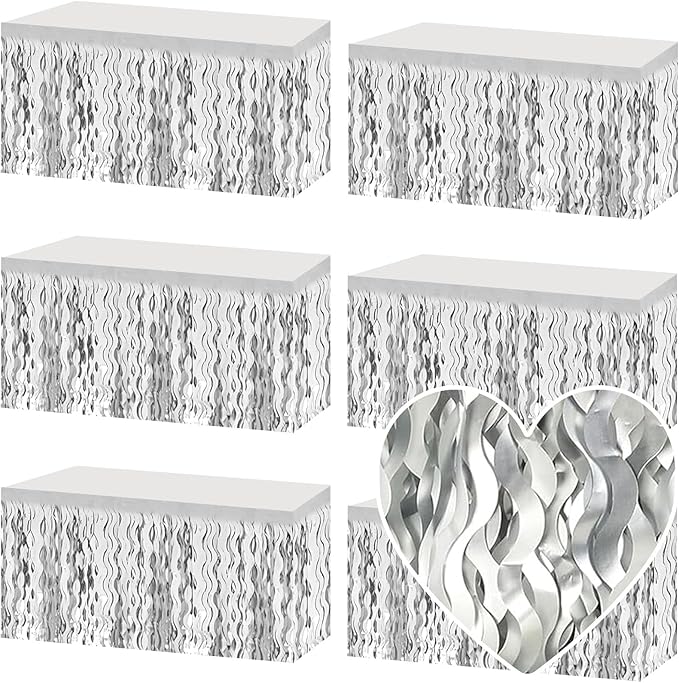 6 Pack 29x108 Inch Silver Wave Foil Fringe Table Skirts Metallic Banner by Mebiornt