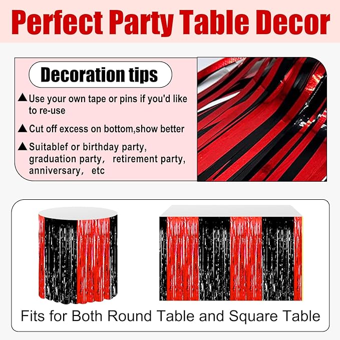 3 Pack 29x108 Inch Black Red Foil Fringe Table Skirts Metallic Banner - Image 3
