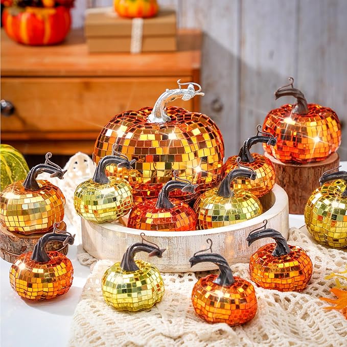 Lenwen 12 Pcs Artificial Disco Pumpkin Glitter Mirror Pumpkin - Image 4