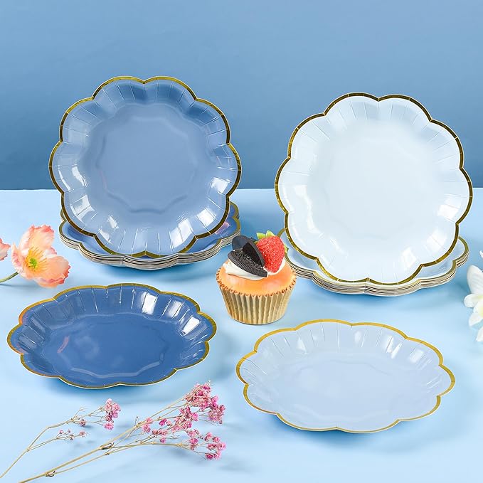 Dusty Blue Party Plates Gradient Blue Dessert Paper Plate 7inch Gold Foil - Image 7