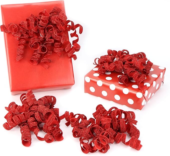 6" Metallic Glitter Red Self Adhesive Curly Ribbon Gift Wrap Bows - Image 7