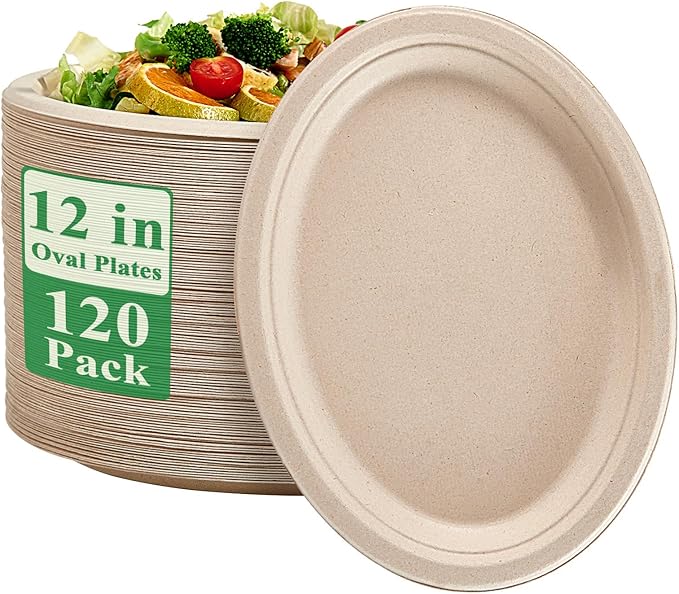 Vplus 100% Compostable Oval Paper Plates 12 inch 120 Pack Super Strong by Vplus