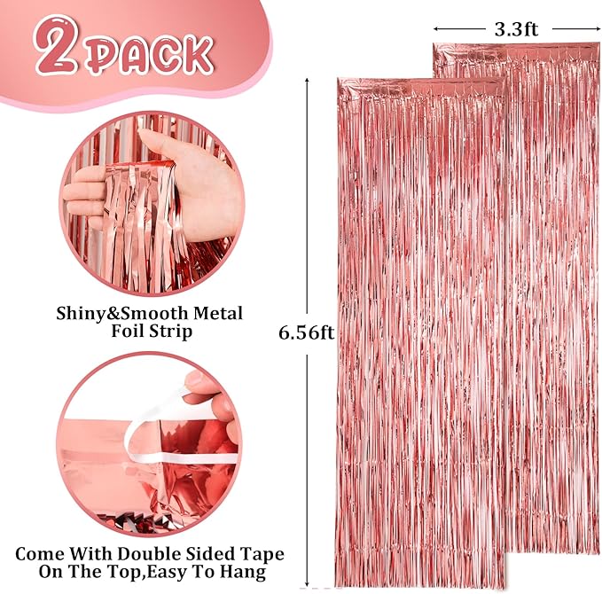 2 Pack Rose Gold Tinsel Foil Fringe Curtains, Rose Gold Party Decorations - Image 3