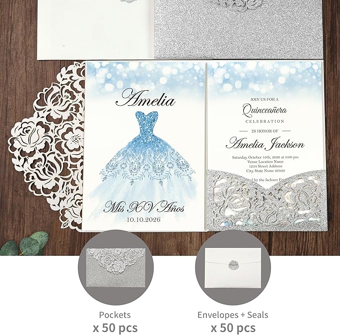DORIS HOME 50pcs Laser Cut Quinceanera Invitation Pockets - Image 6