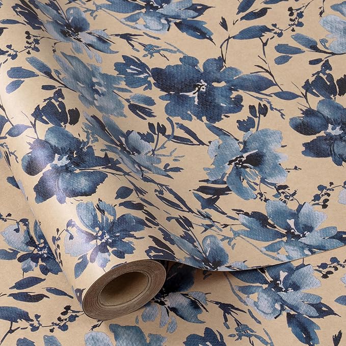RUSPEPA Blue Floral Wrapping Paper Roll, 17 in x 16.4 ft, Mini Roll, Indigo by RUSPEPA