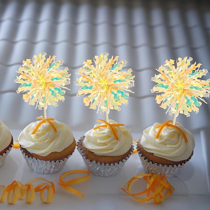 Ephlyn 30Pcs Foil Firework Cupcake Toppers Sparkle Tinsel Drink Birthday Cake - Image 7