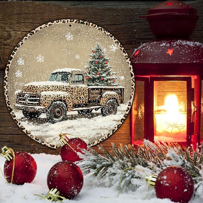 Round Leopard Truck Metal Tin Sign Rustic Wall Decor Christmas Wreath Sign - Image 5