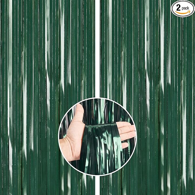 PartyWoo Green Streamers Backdrop 2pcs Green Tinsel Foil Fringe Streamer by PartyWoo