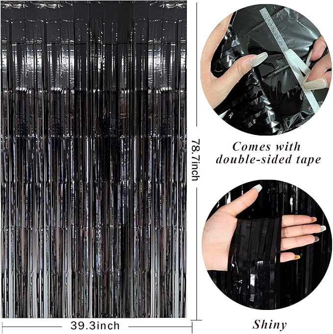 Black Party Streamers Foil Fringe Backdrop Curtains Tinsel Streamers Birthday - Image 2