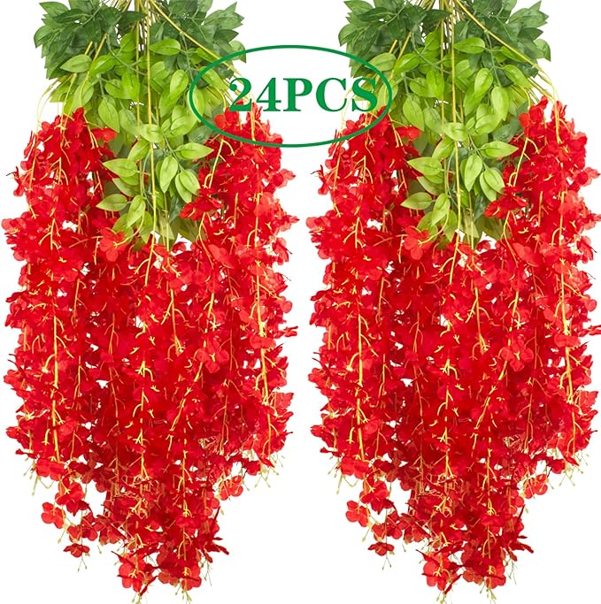 24 Pack Artificial Fake Wisteria Vine Ratta Hanging Garland Silk Flowers String - Image 3